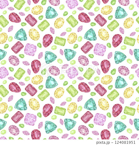 Hand drawn watercolor gemstones seamless pattern. Aquamarine citrine garnet peridot isolated on white background. Can be used for textile, fabric and other printed products. 124081951