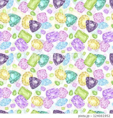 Hand drawn watercolor gemstones seamless pattern. Aquamarine citrine peridot isolated on white background. Can be used for textile, fabric and other printed products. 124081952