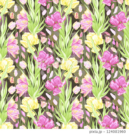 Hand drawn watercolor pink and yellow tulips with green leaves seamless pattern. Illustration isolated on dark background. Can be used for textile, fabric, wrapping and other printed products. Hand drawn watercolor pink and yellow tulips with green leaves seamless pattern. Illustration isolated on dark background. Can be used for textile, fabric, wrapping and other printed products. 124081960
