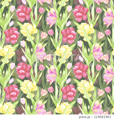 Hand drawn watercolor scarlet and yellow tulips with green leaves seamless pattern. Illustration isolated on dark background. Can be used for textile, fabric, wrapping and other printed products. 124081961
