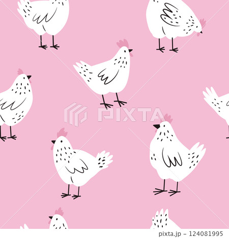 Seamless pattern with funny chickens, cocks for wrapping paper, textile, fabric. Perfect for kitchen prints 124081995