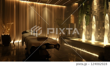 A luxurious spa room with soft lighting, plush massage tables, and tranquil fountains offers ultimate relaxation. 124082028