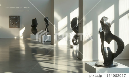 A contemporary art gallery features abstract sculptures with intricate shadows, adding depth to the space. 124082037