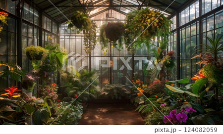 A whimsical greenhouse filled with exotic plants and flowers is bathed in soft, warm light. 124082059