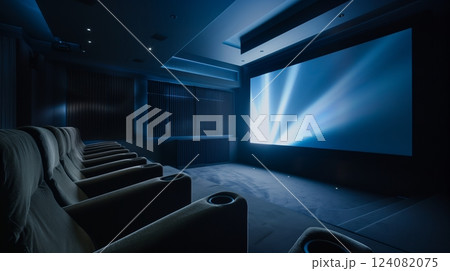 A high-tech home theater features plush seating and a massive screen, enhancing the cinematic experience. 124082075
