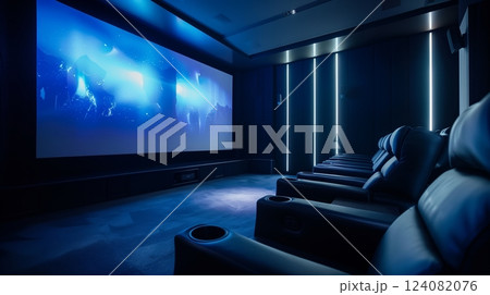 A high-tech home theater with plush seats and a screen casting dynamic silhouettes for an immersive experience. A high-tech home theater with plush seats and a screen casting dynamic silhouettes for an immersive experience. 124082076