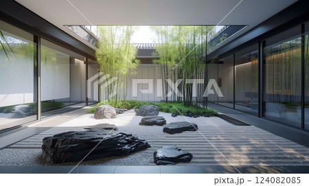 A serene Zen garden features minimalist rocks and bamboo, creating a calm, meditative atmosphere. 124082085
