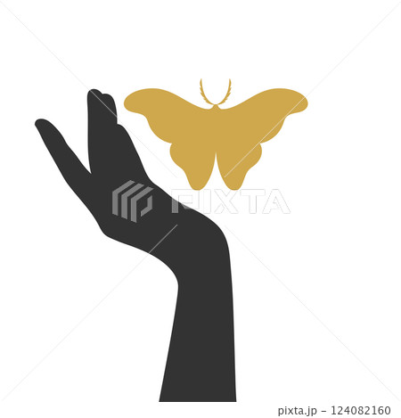 Silhouettes of human hand and monarch butterfly. Minimalist art background. Vector illustration 124082160