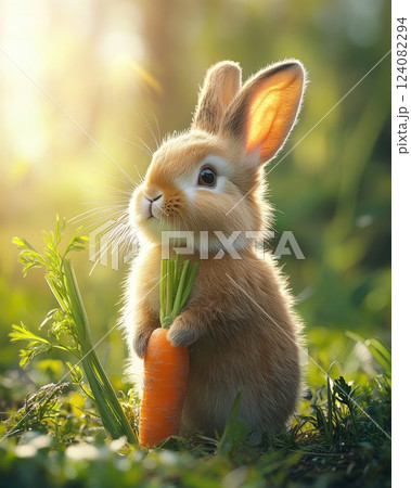 Adorable Bunny Rabbit Sitting in Grassy Meadow with Carrot 124082294