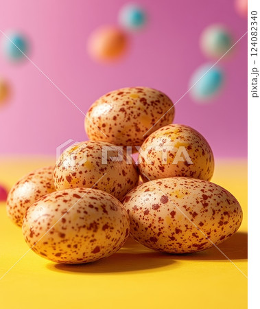 Spotted Easter Eggs on Vibrant Pastel Backdrop for Holiday and Commercial Design 124082340