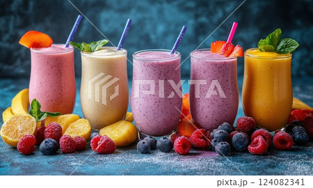 Vibrant and Refreshing Smoothie Beverages in Colorful Glasses with Fresh Fruits 124082341