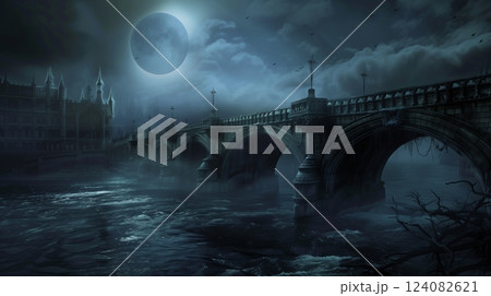 Gothic bridges arch over dark rivers, their silhouettes shadowed by an eerie, eclipsed moon. 124082621