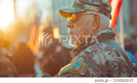 A retired soldier peacefully demonstrates for veterans' rights, symbolizing advocacy and unity. 124082635