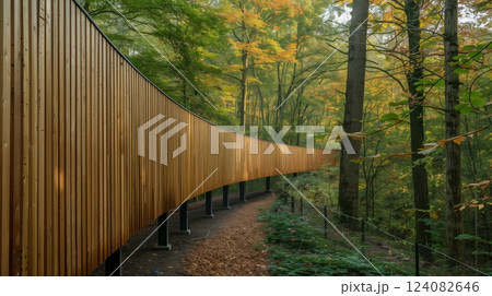 A tongue-and-groove board wall blends into the forest, enhancing the natural woodland aesthetic. 124082646