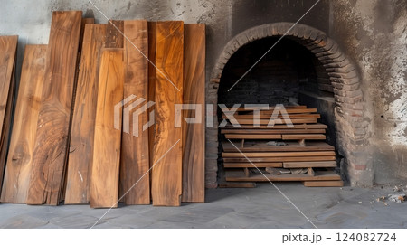 Twenty-five unprocessed boards await craftsmanship by an antique kiln, ready to become fine furniture. 124082724