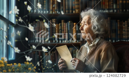 In a quiet library, an elderly woman clutches a letter, lost in thought, amidst rustling pages. 124082729