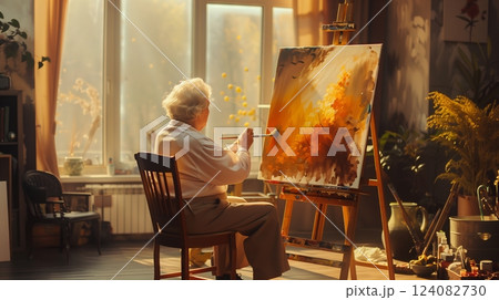 An elderly artist paints a sunlit studio masterpiece, channeling vivid memories and emotions. 124082730