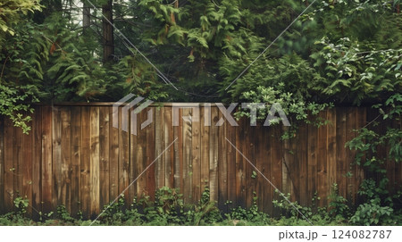 A seamless wall of tongue-and-groove boards blends into the forest, creating a natural extension. 124082787