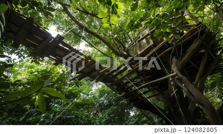 25 unedged boards form a rustic treehouse nestled in dense, green foliage, creating a natural retreat. 25 unedged boards form a rustic treehouse nestled in dense, green foliage, creating a natural retreat. 124082805
