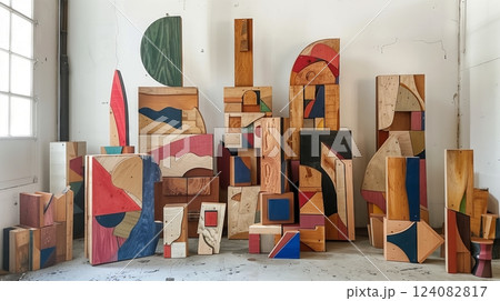 25 unedged boards form captivating abstract sculptures, showcasing raw artistry and natural beauty. 124082817
