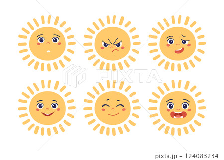 Set of stickers with funny sun character with different emotions, flat cartoon design for game, school, kindergarten, kids party. Vector illustration isolated on white background. 124083234
