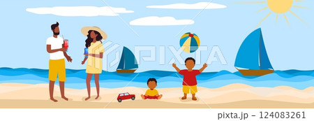 Family enjoying a sunny summer day at the beach with colorful toys and sailboats in the background Family enjoying a sunny summer day at the beach with colorful toys and sailboats in the background 124083261