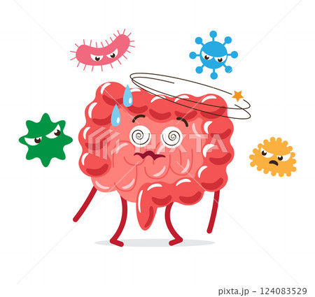 Gastroenteritis . Intestine cartoon character with bacterial cell . White isolated background . Vector . Gastroenteritis . Intestine cartoon character with bacterial cell . White isolated background . Vector . 124083529