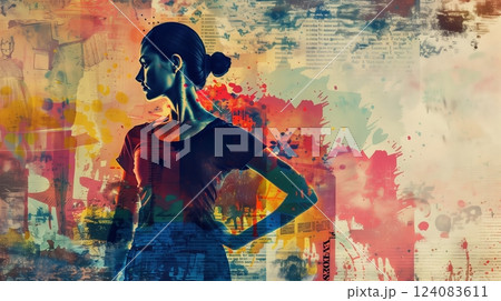 Artwork of International Women's Day shows a powerful woman with quotes and symbols of strength. 124083611