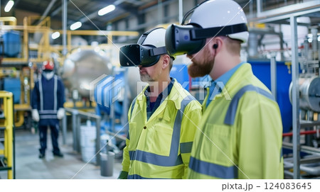 Workers use VR headsets to improve chemical waste recycling, ensuring safer and more efficient outcomes. Workers use VR headsets to improve chemical waste recycling, ensuring safer and more efficient outcomes. 124083645