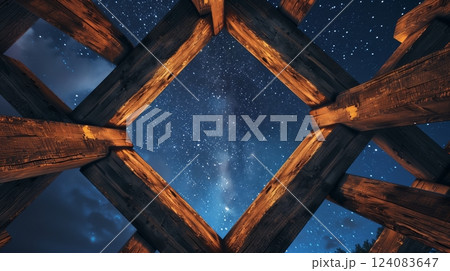 Wooden beams form a perfect square, glowing under the starry sky, enhancing the scene's tranquil beauty. Wooden beams form a perfect square, glowing under the starry sky, enhancing the scene's tranquil beauty. 124083647