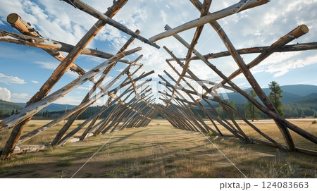 Suspended lumber beams create intricate patterns, blending with the landscape as striking abstract art. 124083663