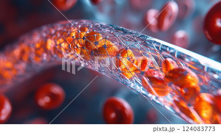 Cardiac stent for coronary atherosclerosis. cardiac stent in blood vessel with red cells 124083773