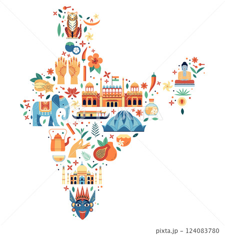 India Travel Map Poster with Indian Icons India Travel Map Poster with Indian Icons 124083780
