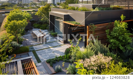 A serene rooftop garden with an open-air workspace that boosts productivity and inspires creativity. A serene rooftop garden with an open-air workspace that boosts productivity and inspires creativity. 124083828