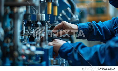 Worker's hands calibrating a machine to safely recycle toxic chemicals, protecting environment and health. 124083832