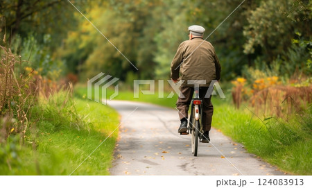 An elderly man rides his bicycle, enjoying freedom and security thanks to his state pension. 124083913