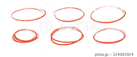Crayon highlight chalk frames in red with grainy texture. Different sized oval outlines with double strokes, irregular edges. Hand drawn ellipse shapes for rough artistic borders on white background. Crayon highlight chalk frames in red with grainy texture. Different sized oval outlines with double strokes, irregular edges. Hand drawn ellipse shapes for rough artistic borders on white background. 124083924
