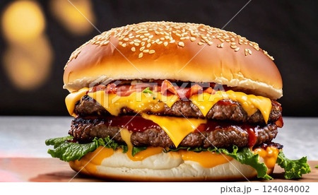 Closeup shot of a delicious burger with beef, yellow cheese, and bacon 124084002