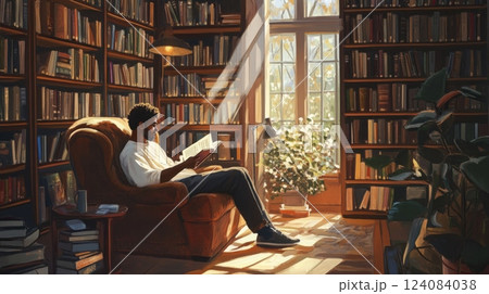 A person relaxes in an armchair, engrossed in a book while surrounded by tall bookshelves. Sunlight pours through the window, illuminating the room and highlighting a small plant nearby. 124084038