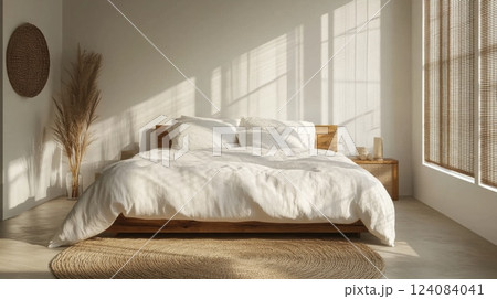 A white bed with a wooden frame and white linens sits on a round, natural fiber rug. Sunlight streams through a window on the right, casting long shadows across the room 124084041