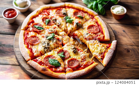 Delicious and appetizing pizza with various ingredients on a wooden table 124084051
