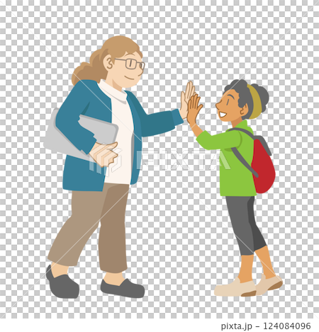 A dark-skinned girl high-fives a white female teacher A dark-skinned girl high-fives a white female teacher 124084096