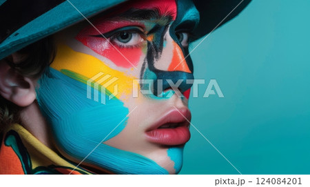 A man with colorful face paint looks off to the side, wearing a blue hat. 124084201