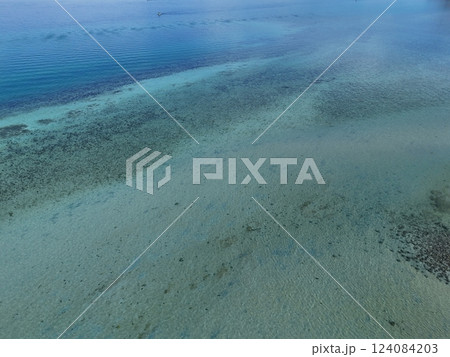 sandy beach in front of malecon in La Paz city, bcs, baja california sur mexico, aerial panorama 124084203