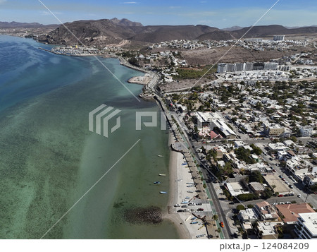 sandy beach in front of malecon in La Paz city, bcs, baja california sur mexico, aerial panorama 124084209