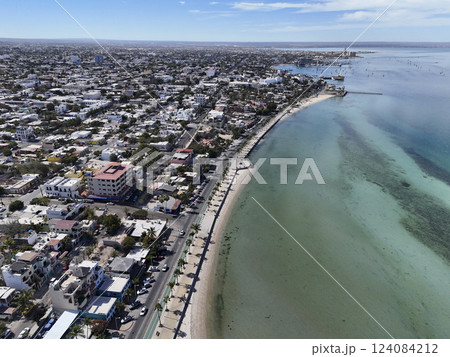sandy beach in front of malecon in La Paz city, bcs, baja california sur mexico, aerial panorama sandy beach in front of malecon in La Paz city, bcs, baja california sur mexico, aerial panorama 124084212