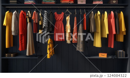 A selection of colorful dresses and accessories arranged in an open wardrobe against a dark backdrop. 124084322