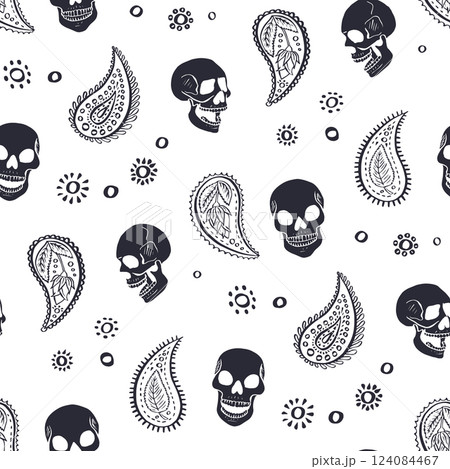 Seamless pattern with hand drawn inky floral skulls surrounded by paisley 124084467