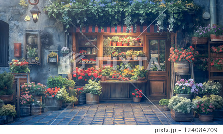 Charming flower shop nestled in a quaint street corner with vibrant blooms on display 124084709