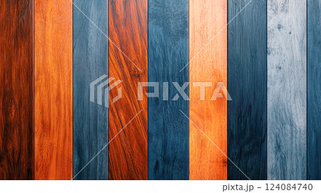 Vertical arrangement of wooden planks in warm orange and deep blue tones, highlighting unique textures and grain patterns for design. Vertical arrangement of wooden planks in warm orange and deep blue tones, highlighting unique textures and grain patterns for design. 124084740